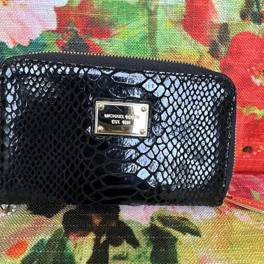 Michael Kors  Wallet Zip Wristlet Python Embossed Black Leather GUC‎